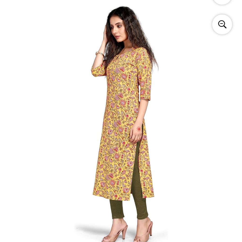 LIBAS kalambari floral print kurti yellow and pink Indian dress size 2XL